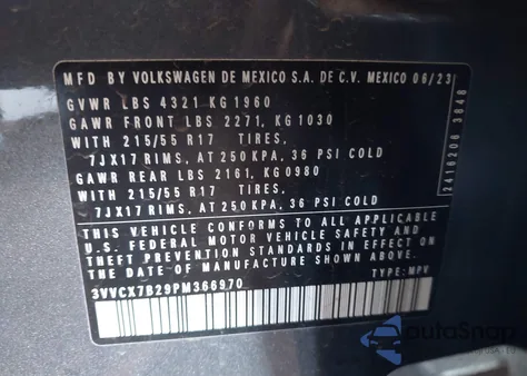 2023 Volkswagen Taos 1.5T S из США, поврежденный, VIN 3VVCX7B29PM366970